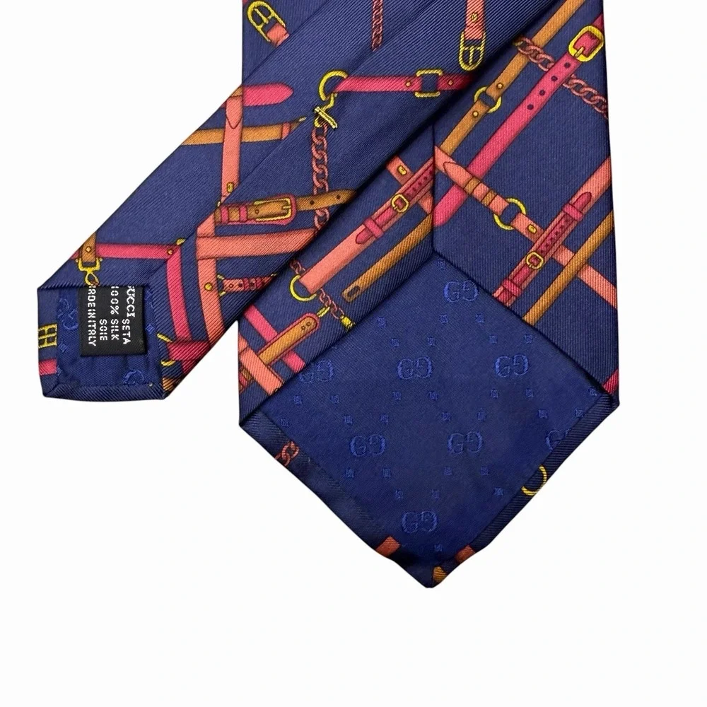 Gucci Mens Tie Equestrian Belts Navy Blue Satin Silk 3 7/8